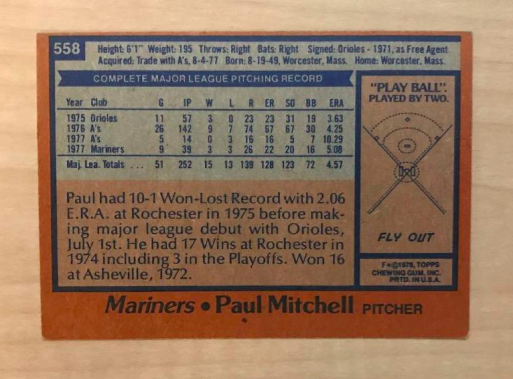 PAUL MITCHELL SEATTLE MARINERS SIGNED AUTOGRAPHED 1978 TOPPS CARD #558 W/COA