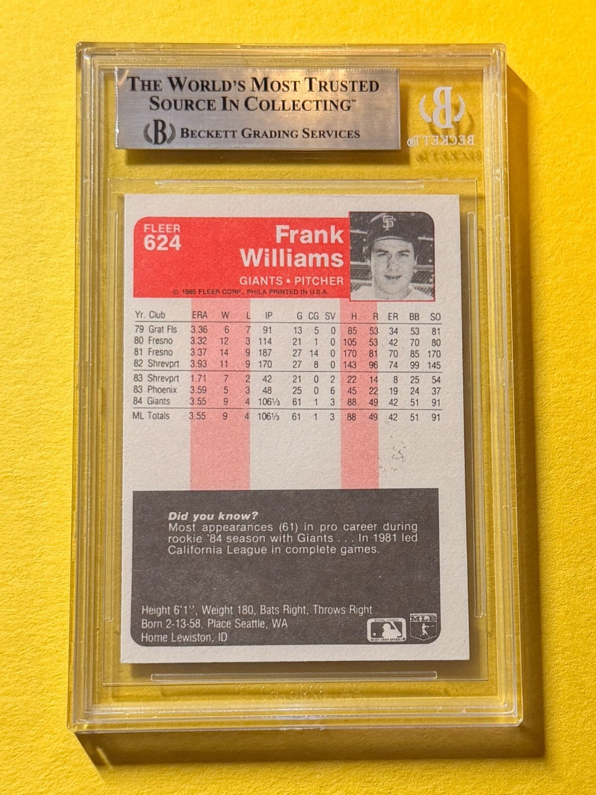 1985 FLEER FRANK WILLIAMS #624 SIGNED AUTO CARD BECKETT AUTH GIANTS