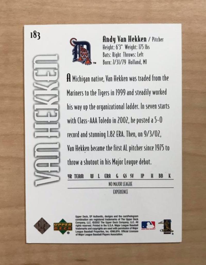 ANDY VAN HEKKEN DETROIT TIGERS SIGNED AUTOGRAPHED 2002 UPPER DECK CARD#183 W/COA