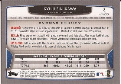 KYUJI FUJIKAWA CHICAGO CUBS 2013 BOWMAN CHROME RC ROOKIE REFRACTOR CARD #8