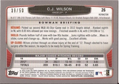 CJ WILSON ANGELS 2013 TOPPS CHROME GOLD REFRACTOR CARD 39/50